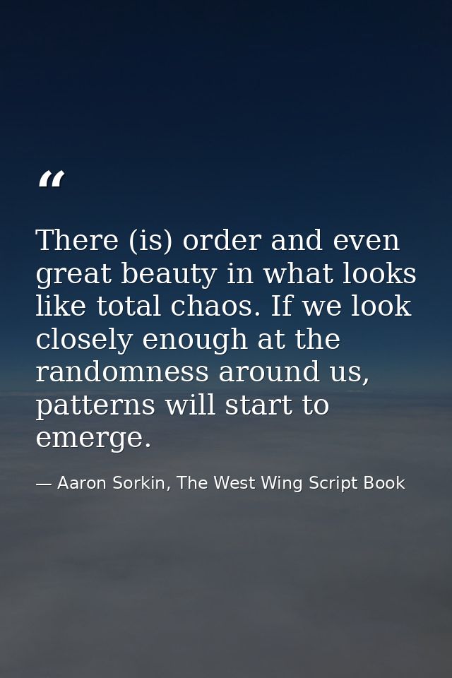 There (is) order and even great beauty in what looks like total chaos. If we look closely enough at the randomness aroun — Aaron Sorkin, The West Wing Script Book
