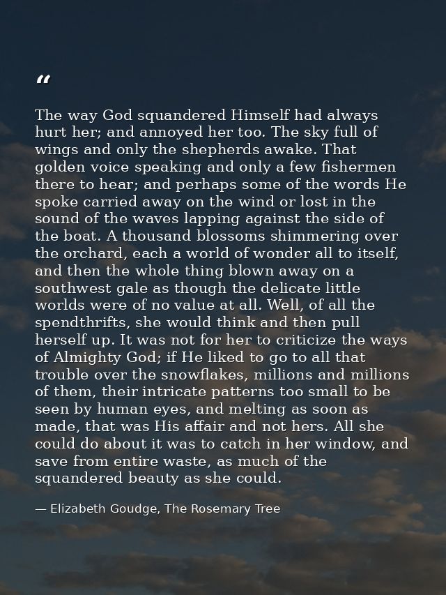 The way God squandered Himself had always hurt her; and annoyed her too. The sky full of wings and only the shepherds aw — Elizabeth Goudge, The Rosemary Tree