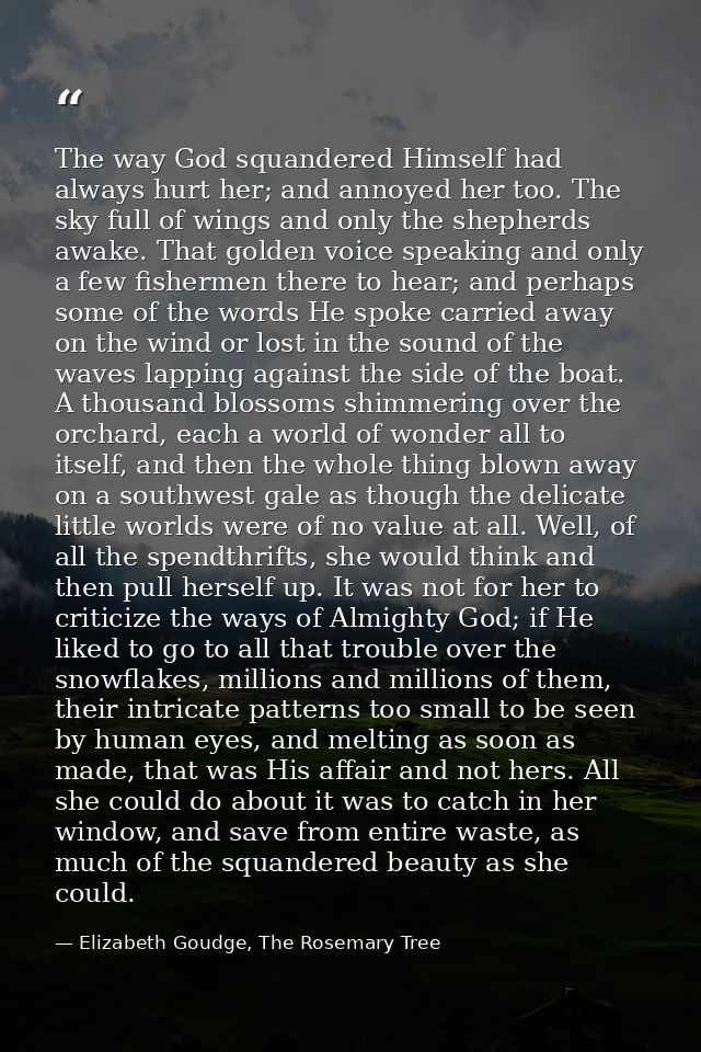 The way God squandered Himself had always hurt her; and annoyed her too. The sky full of wings and only the shepherds aw — Elizabeth Goudge, The Rosemary Tree