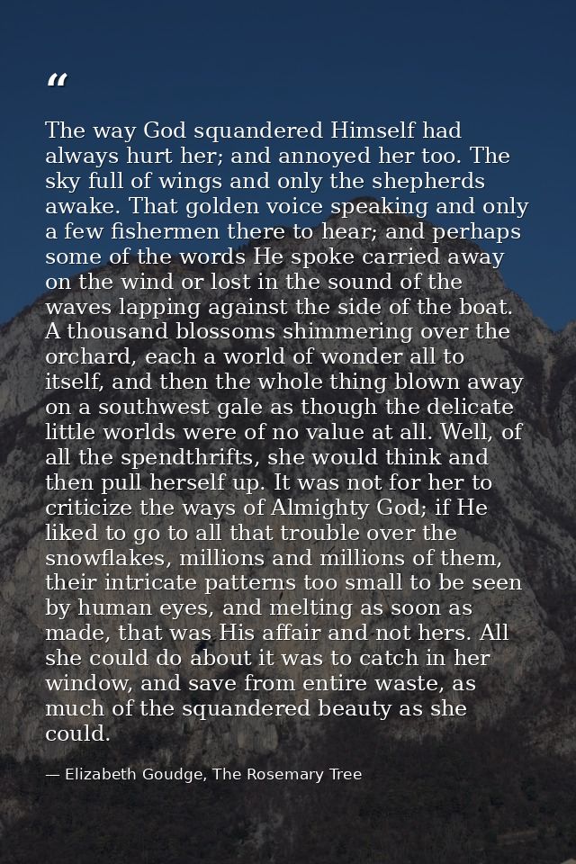 The way God squandered Himself had always hurt her; and annoyed her too. The sky full of wings and only the shepherds aw — Elizabeth Goudge, The Rosemary Tree