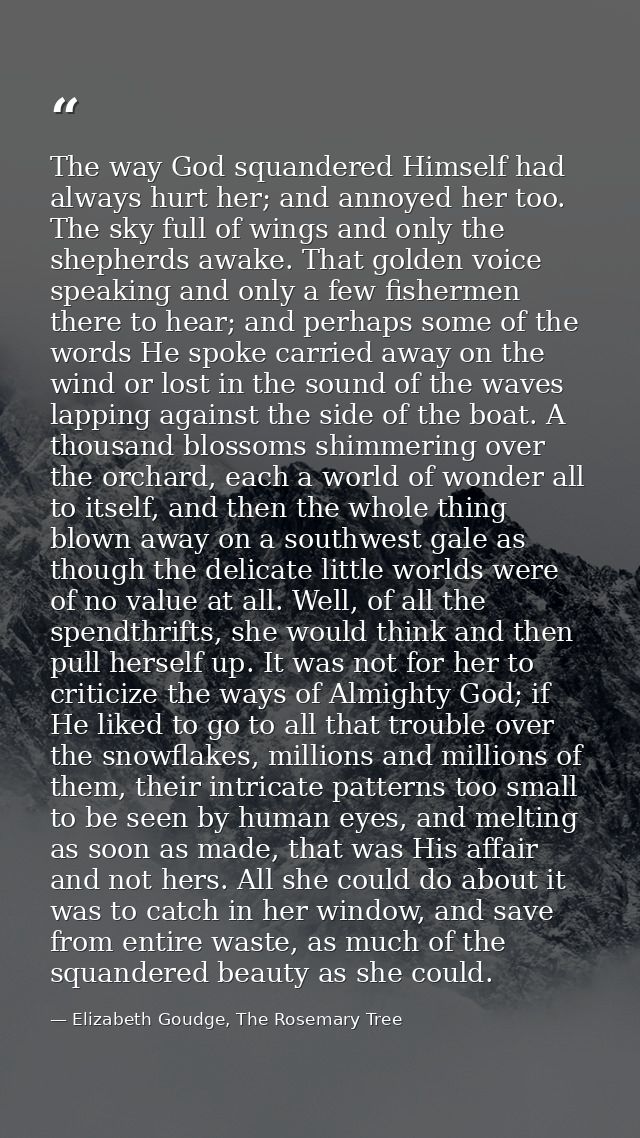 The way God squandered Himself had always hurt her; and annoyed her too. The sky full of wings and only the shepherds aw — Elizabeth Goudge, The Rosemary Tree