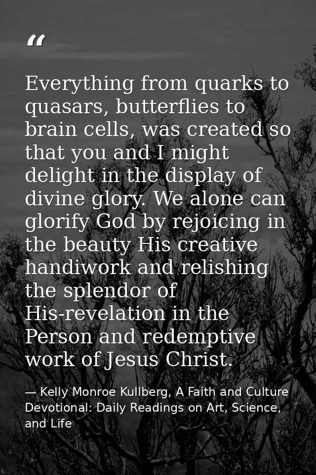 Everything from quarks to quasars, butterflies to brain cells, was created so that you and I might delight in the displa — Kelly Monroe Kullberg, A Faith and Culture Devotional: Daily Readings on Art, Science, and Life