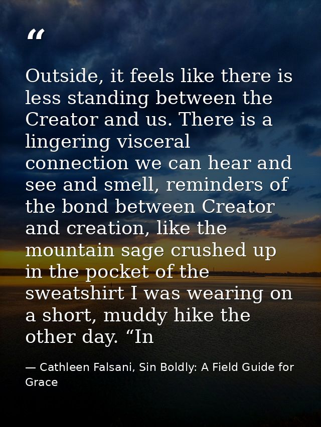 Outside, it feels like there is less standing between the Creator and us. There is a lingering visceral connection we ca — Cathleen Falsani, Sin Boldly: A Field Guide for Grace