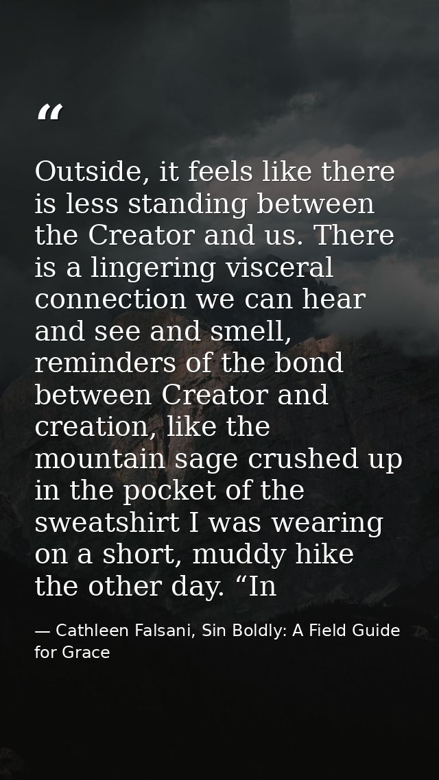 Outside, it feels like there is less standing between the Creator and us. There is a lingering visceral connection we ca — Cathleen Falsani, Sin Boldly: A Field Guide for Grace