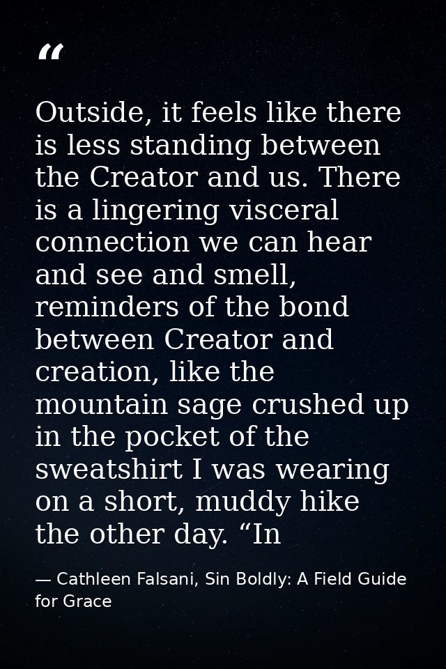 Outside, it feels like there is less standing between the Creator and us. There is a lingering visceral connection we ca — Cathleen Falsani, Sin Boldly: A Field Guide for Grace