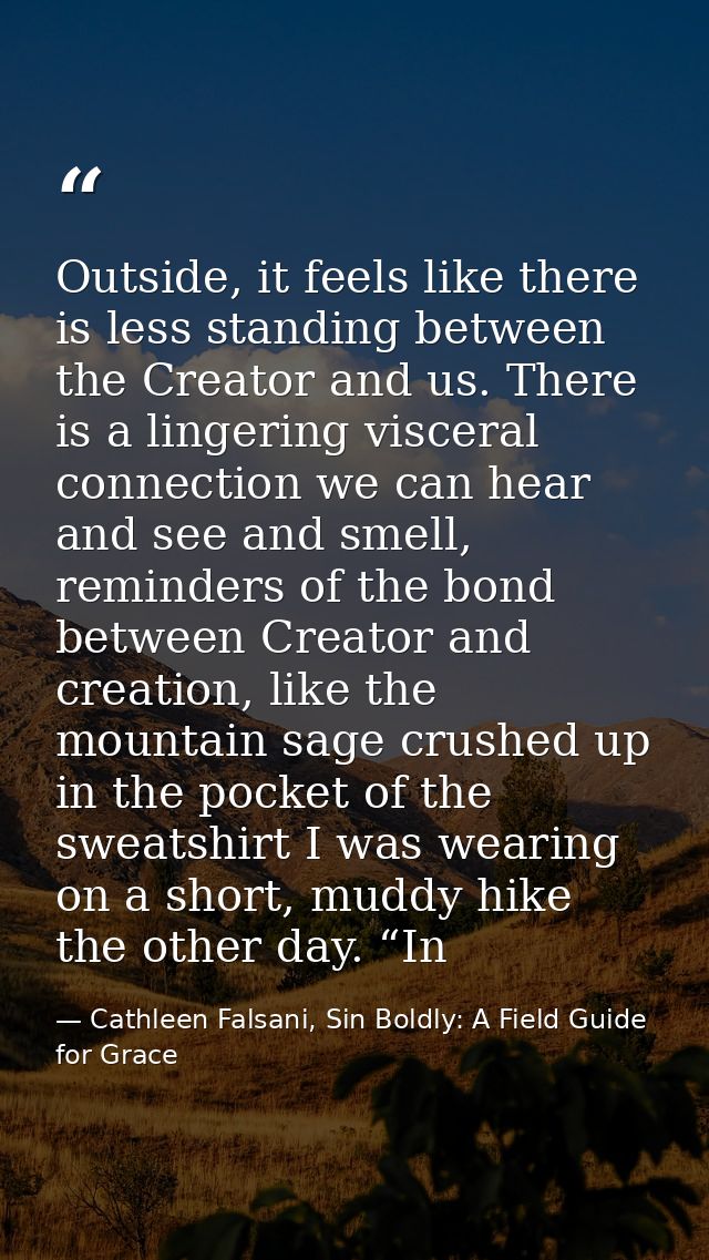 Outside, it feels like there is less standing between the Creator and us. There is a lingering visceral connection we ca — Cathleen Falsani, Sin Boldly: A Field Guide for Grace