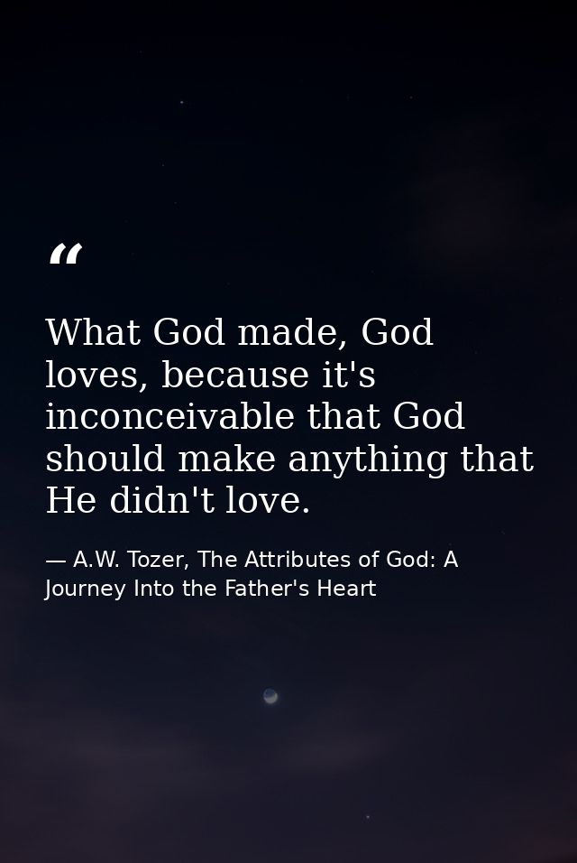 What God made, God loves, because it's inconceivable that God should make anything that He didn't love. — A.W. Tozer, The Attributes of God: A Journey Into the Father's Heart