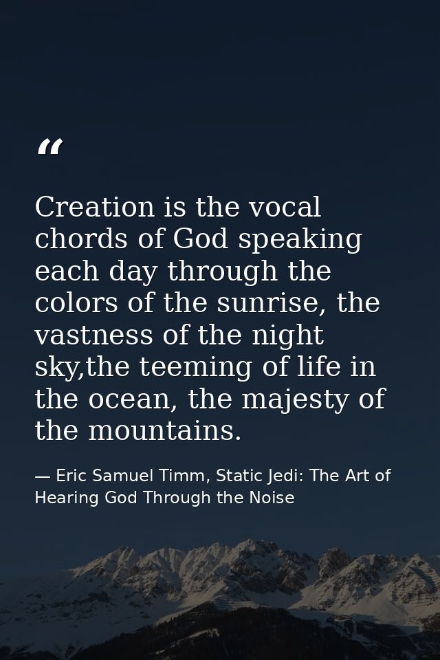 Creation is the vocal chords of God speaking each day through the colors of the sunrise, the vastness of the night sky,t — Eric Samuel Timm, Static Jedi: The Art of Hearing God Through the Noise