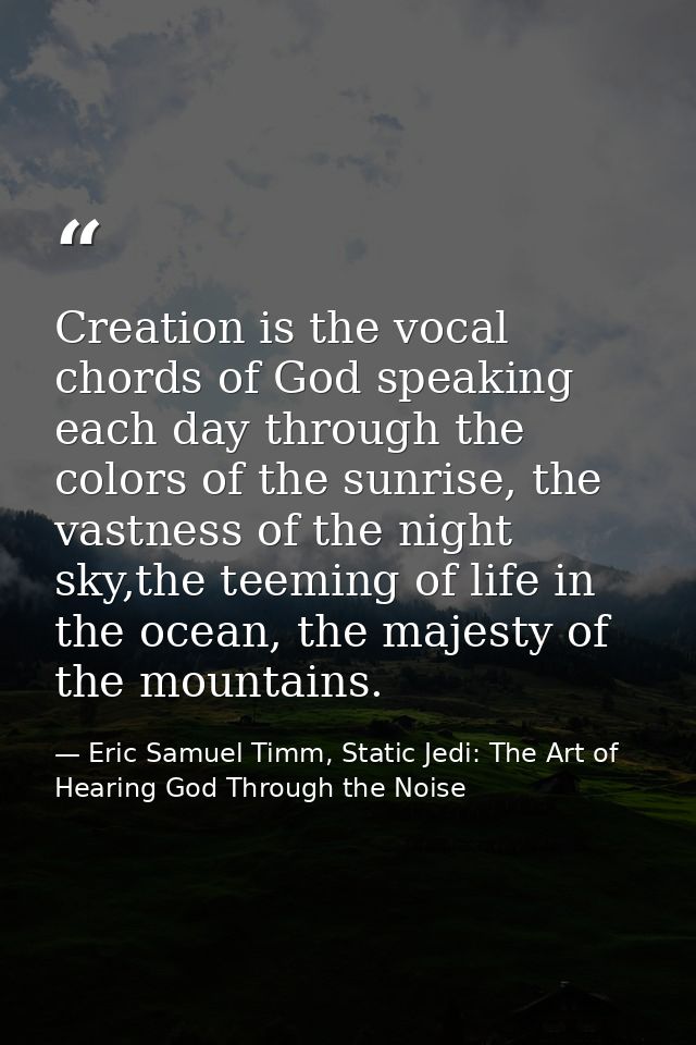 Creation is the vocal chords of God speaking each day through the colors of the sunrise, the vastness of the night sky,t — Eric Samuel Timm, Static Jedi: The Art of Hearing God Through the Noise