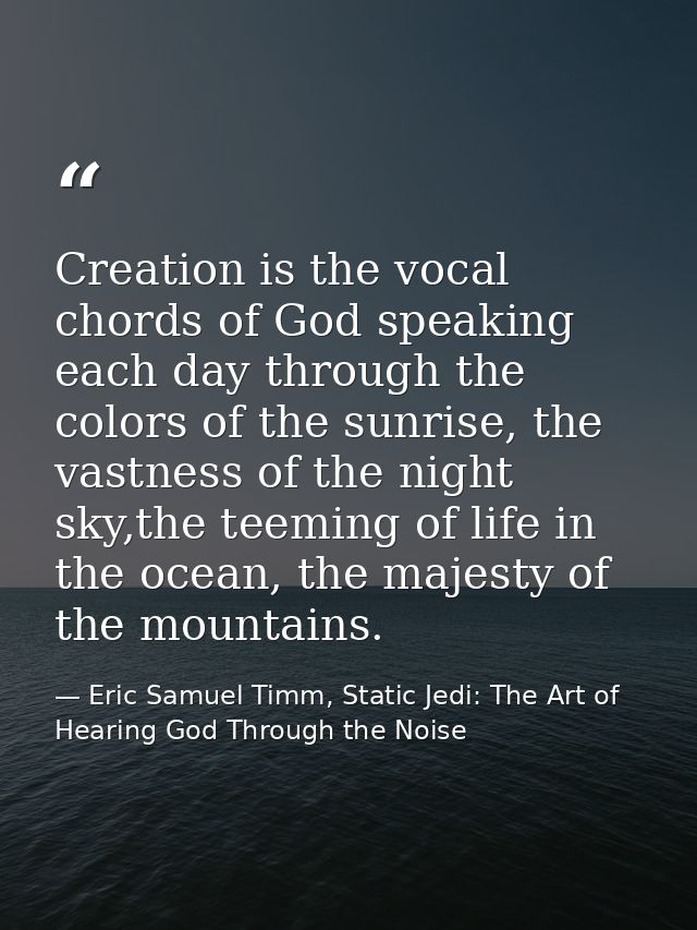 Creation is the vocal chords of God speaking each day through the colors of the sunrise, the vastness of the night sky,t — Eric Samuel Timm, Static Jedi: The Art of Hearing God Through the Noise