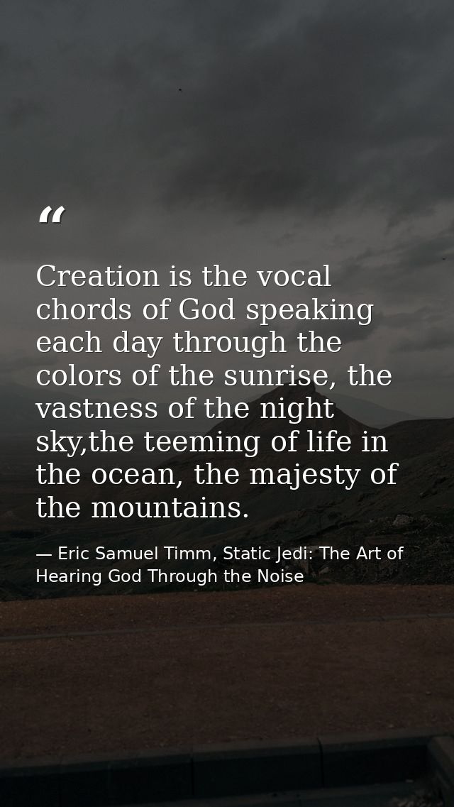 Creation is the vocal chords of God speaking each day through the colors of the sunrise, the vastness of the night sky,t — Eric Samuel Timm, Static Jedi: The Art of Hearing God Through the Noise