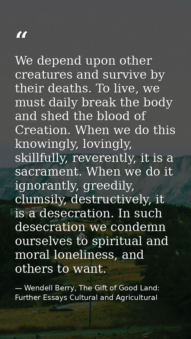 We depend upon other creatures and survive by their deaths. To live, we must daily break the body and shed the blood of  — Wendell Berry, The Gift of Good Land: Further Essays Cultural and Agricultural