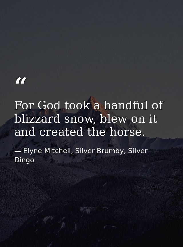 For God took a handful of blizzard snow, blew on it and created the horse. — Elyne Mitchell, Silver Brumby, Silver Dingo