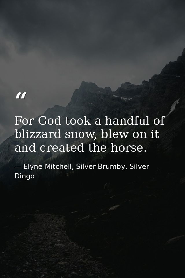 For God took a handful of blizzard snow, blew on it and created the horse. — Elyne Mitchell, Silver Brumby, Silver Dingo