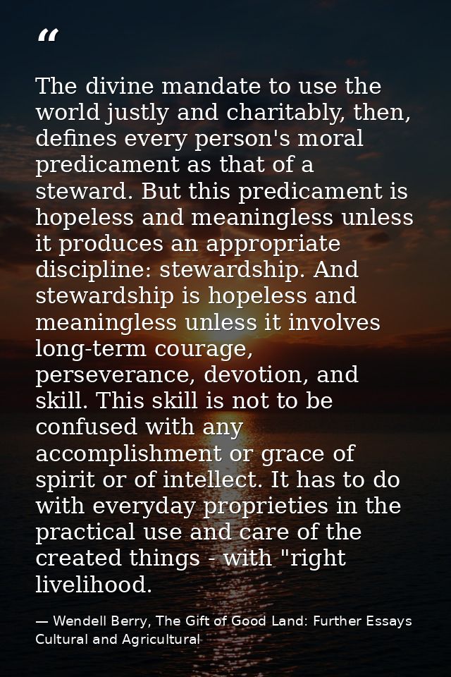 The divine mandate to use the world justly and charitably, then, defines every person's moral predicament as that of a s — Wendell Berry, The Gift of Good Land: Further Essays Cultural and Agricultural