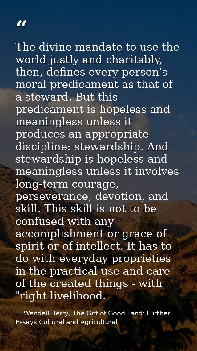 The divine mandate to use the world justly and charitably, then, defines every person's moral predicament as that of a s — Wendell Berry, The Gift of Good Land: Further Essays Cultural and Agricultural