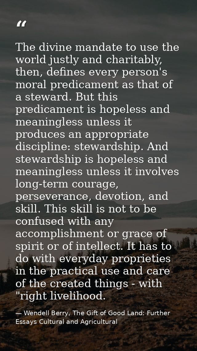 The divine mandate to use the world justly and charitably, then, defines every person's moral predicament as that of a s — Wendell Berry, The Gift of Good Land: Further Essays Cultural and Agricultural