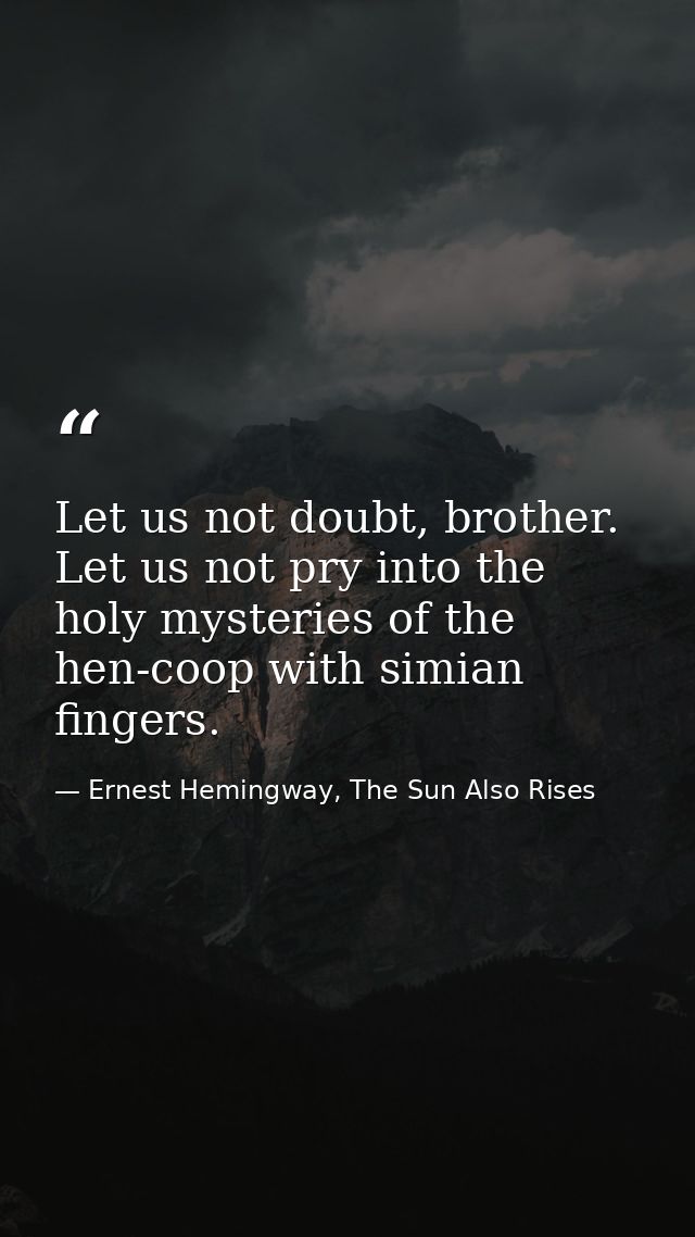 Let us not doubt, brother. Let us not pry into the holy mysteries of the hen-coop with simian fingers. — Ernest Hemingway, The Sun Also Rises