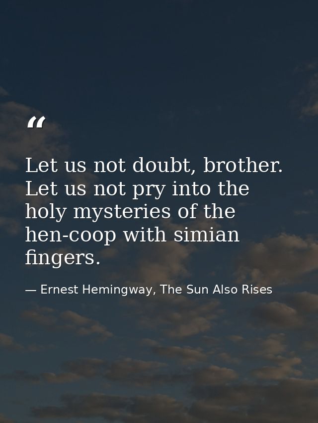 Let us not doubt, brother. Let us not pry into the holy mysteries of the hen-coop with simian fingers. — Ernest Hemingway, The Sun Also Rises