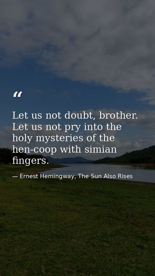Let us not doubt, brother. Let us not pry into the holy mysteries of the hen-coop with simian fingers. — Ernest Hemingway, The Sun Also Rises