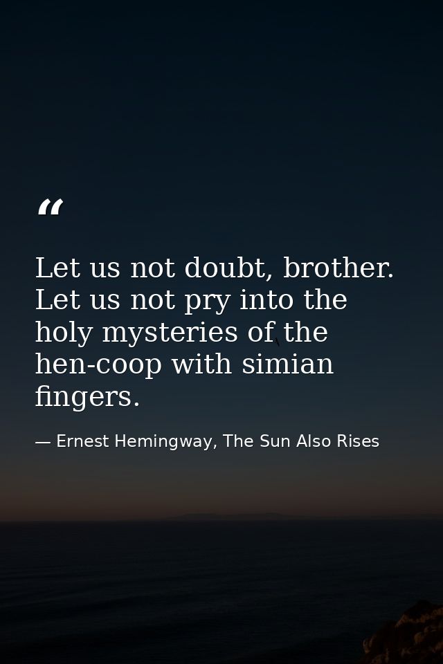 Let us not doubt, brother. Let us not pry into the holy mysteries of the hen-coop with simian fingers. — Ernest Hemingway, The Sun Also Rises
