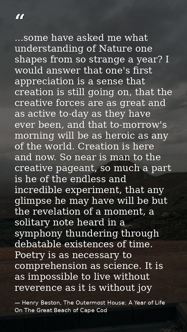 ...some have asked me what understanding of Nature one shapes from so strange a year? I would answer that one's first ap — Henry Beston, The Outermost House: A Year of Life On The Great Beach of Cape Cod