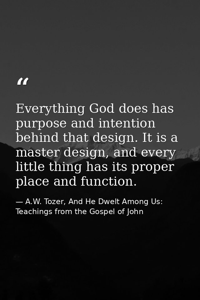 Everything God does has purpose and intention behind that design. It is a master design, and every little thing has its  — A.W. Tozer, And He Dwelt Among Us: Teachings from the Gospel of John
