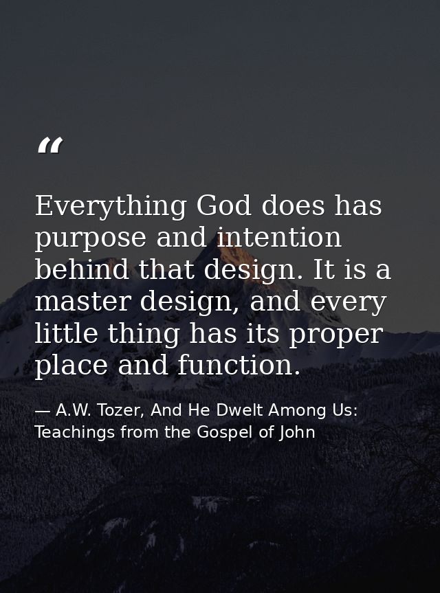Everything God does has purpose and intention behind that design. It is a master design, and every little thing has its  — A.W. Tozer, And He Dwelt Among Us: Teachings from the Gospel of John