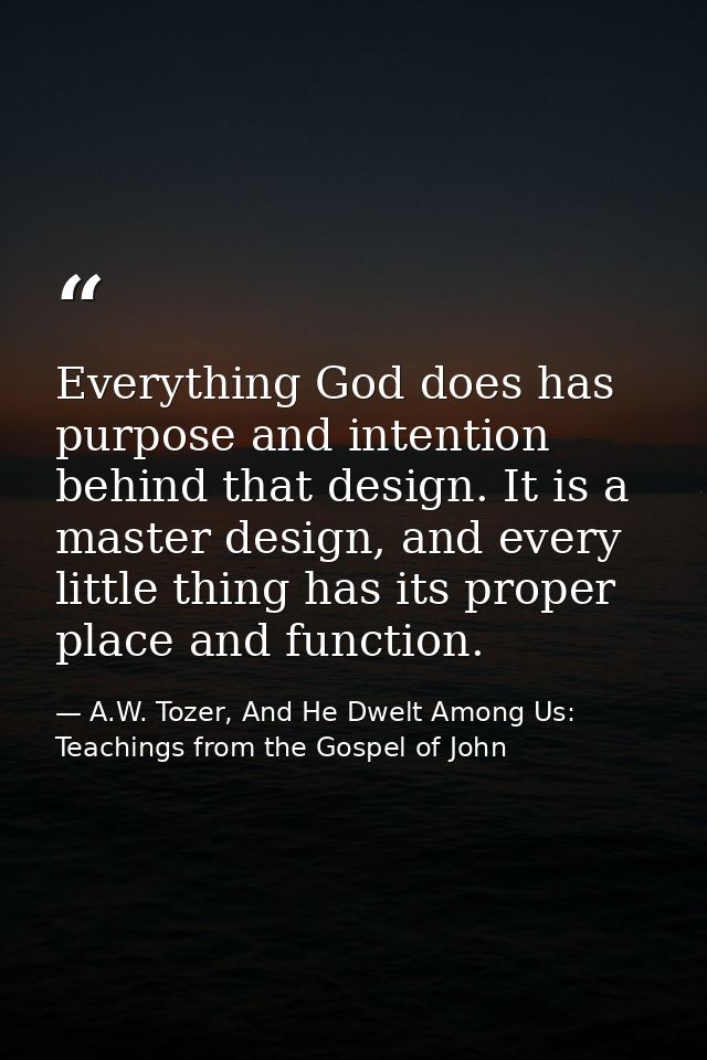 Everything God does has purpose and intention behind that design. It is a master design, and every little thing has its  — A.W. Tozer, And He Dwelt Among Us: Teachings from the Gospel of John