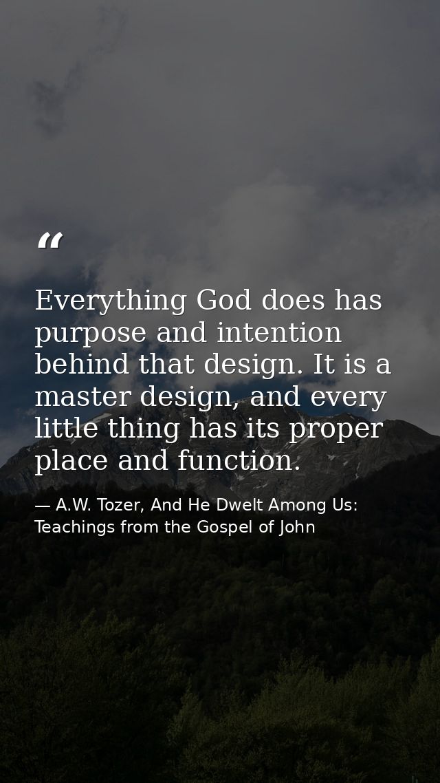 Everything God does has purpose and intention behind that design. It is a master design, and every little thing has its  — A.W. Tozer, And He Dwelt Among Us: Teachings from the Gospel of John