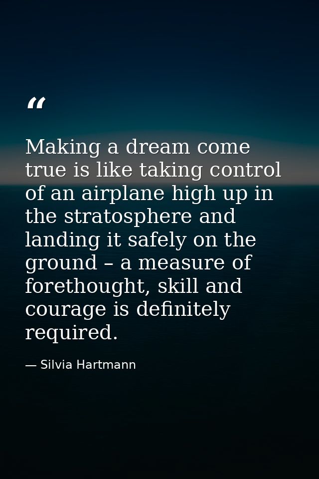 Making a dream come true is like taking control of an airplane high up in the stratosphere and landing it safely on the  — Silvia Hartmann