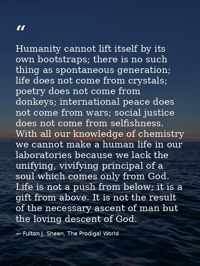 Humanity cannot lift itself by its own bootstraps; there is no such thing as spontaneous generation; life does not come  — Fulton J. Sheen, The Prodigal World