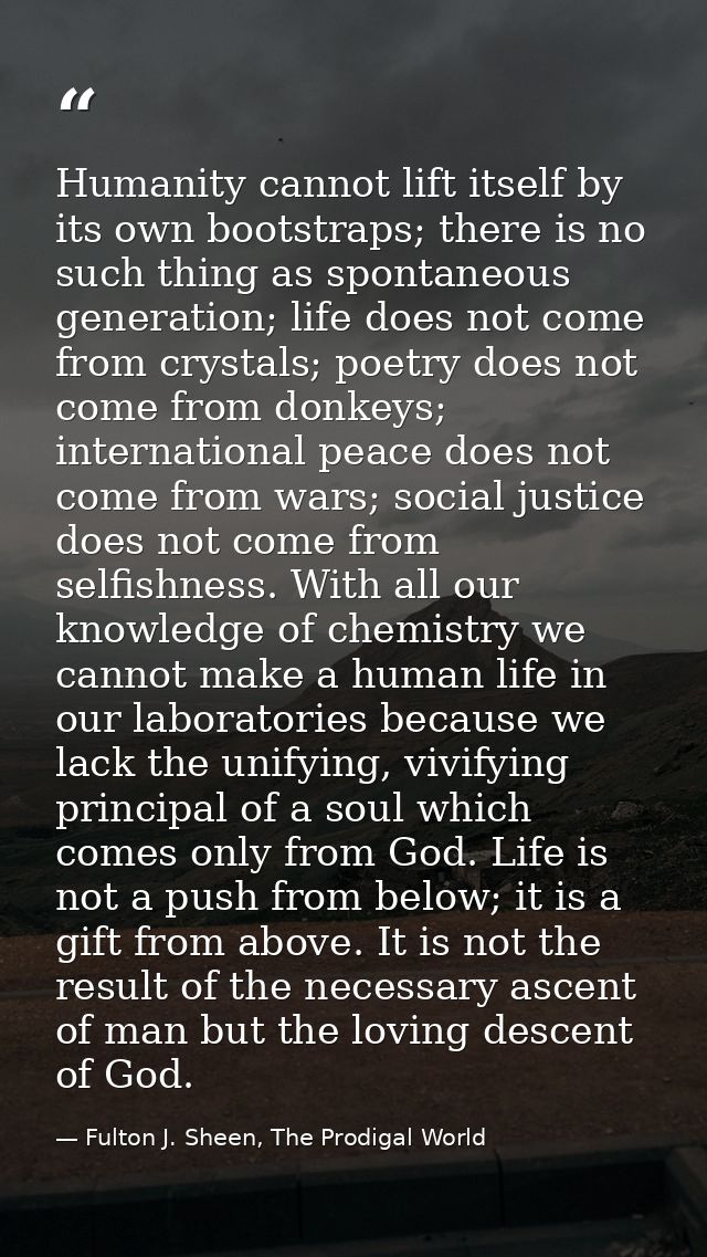 Humanity cannot lift itself by its own bootstraps; there is no such thing as spontaneous generation; life does not come  — Fulton J. Sheen, The Prodigal World