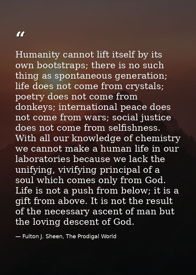 Humanity cannot lift itself by its own bootstraps; there is no such thing as spontaneous generation; life does not come  — Fulton J. Sheen, The Prodigal World
