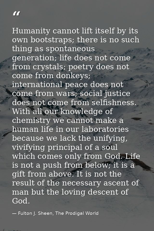 Humanity cannot lift itself by its own bootstraps; there is no such thing as spontaneous generation; life does not come  — Fulton J. Sheen, The Prodigal World