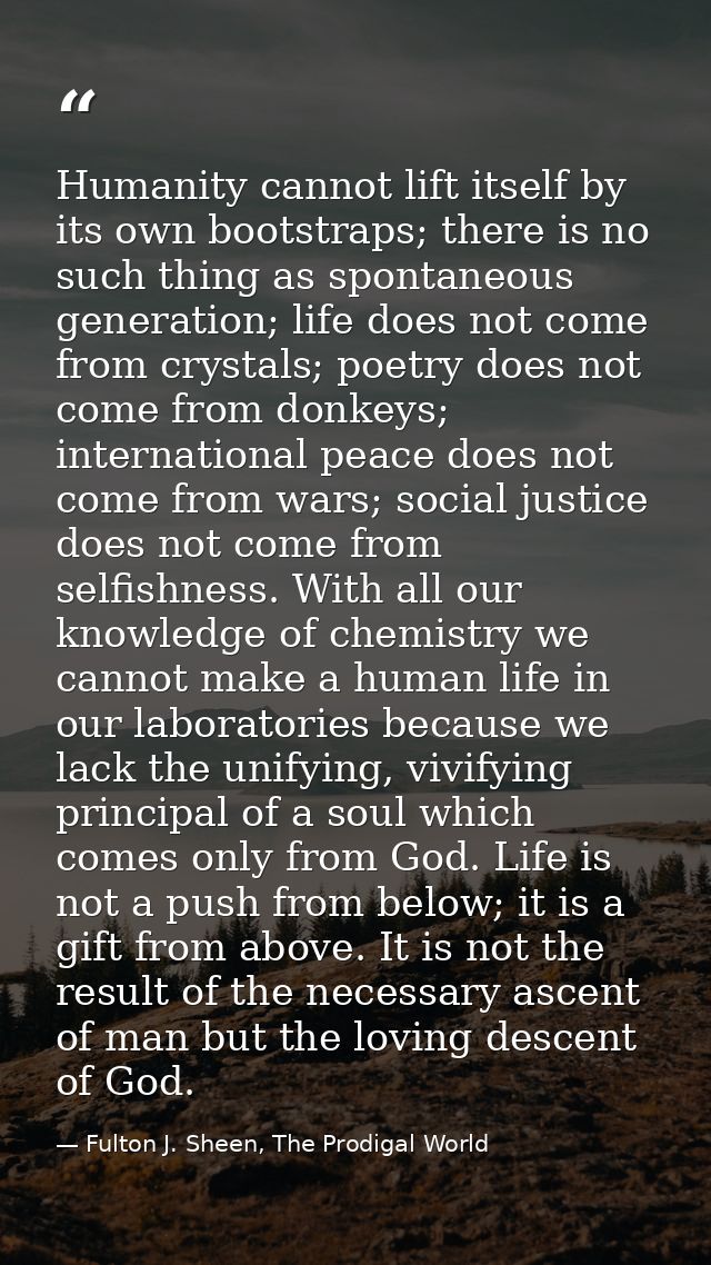 Humanity cannot lift itself by its own bootstraps; there is no such thing as spontaneous generation; life does not come  — Fulton J. Sheen, The Prodigal World