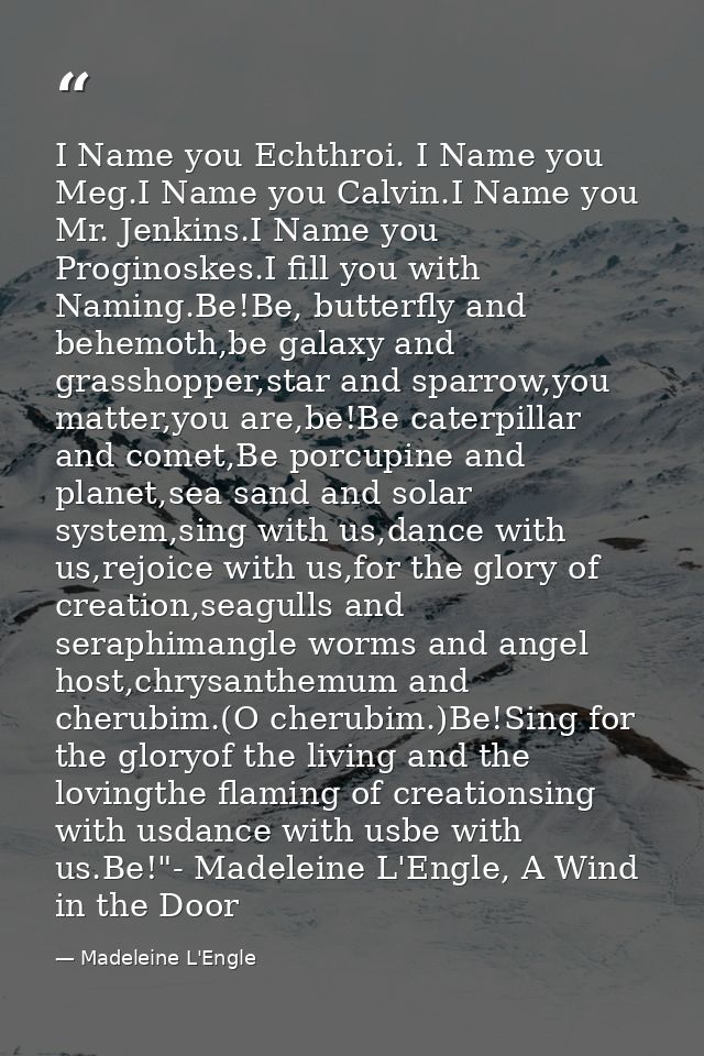 I Name you Echthroi. I Name you Meg.I Name you Calvin.I Name you Mr. Jenkins.I Name you Proginoskes.I fill you with Nami — Madeleine L'Engle