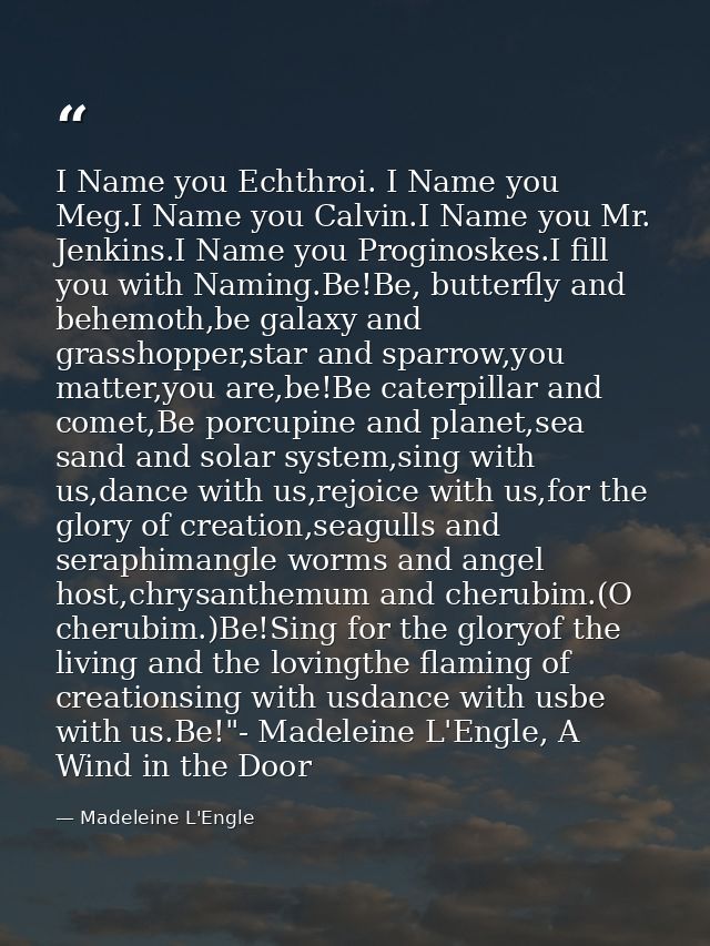 I Name you Echthroi. I Name you Meg.I Name you Calvin.I Name you Mr. Jenkins.I Name you Proginoskes.I fill you with Nami — Madeleine L'Engle