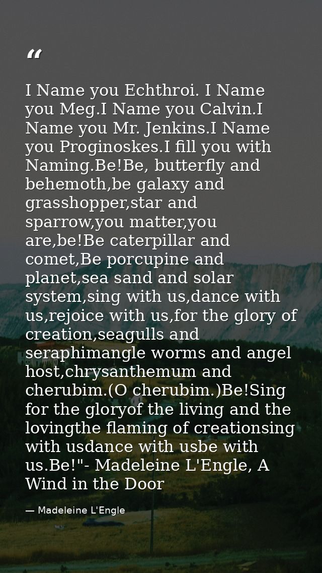 I Name you Echthroi. I Name you Meg.I Name you Calvin.I Name you Mr. Jenkins.I Name you Proginoskes.I fill you with Nami — Madeleine L'Engle