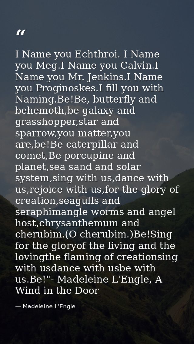 I Name you Echthroi. I Name you Meg.I Name you Calvin.I Name you Mr. Jenkins.I Name you Proginoskes.I fill you with Nami — Madeleine L'Engle