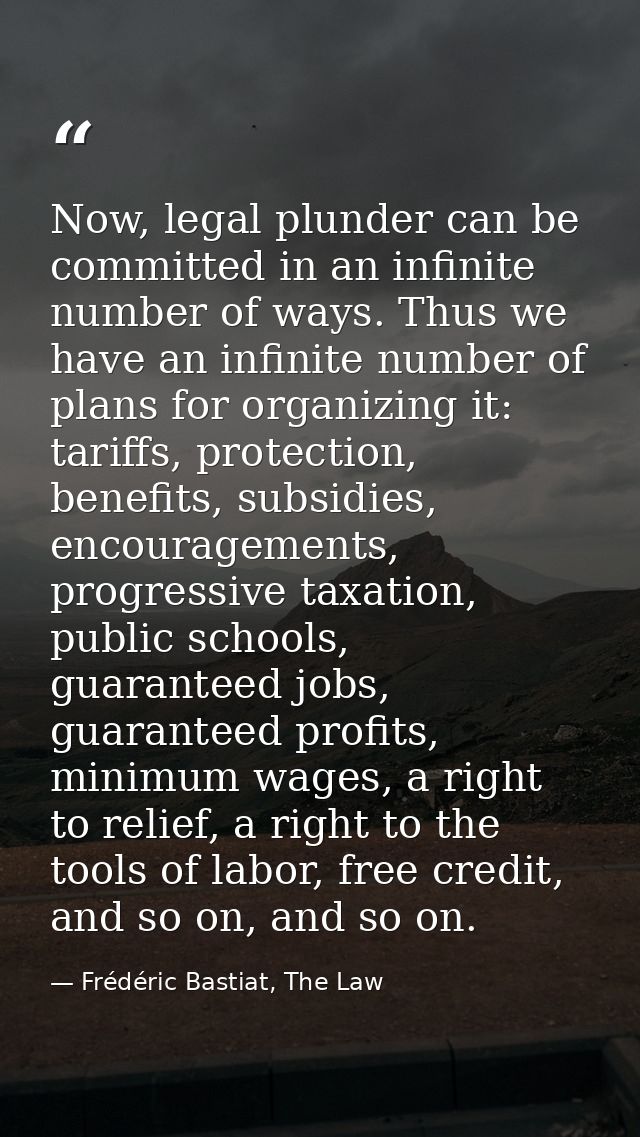 Now, legal plunder can be committed in an infinite number of ways. Thus we have an infinite number of plans for organizi — Frédéric Bastiat, The Law