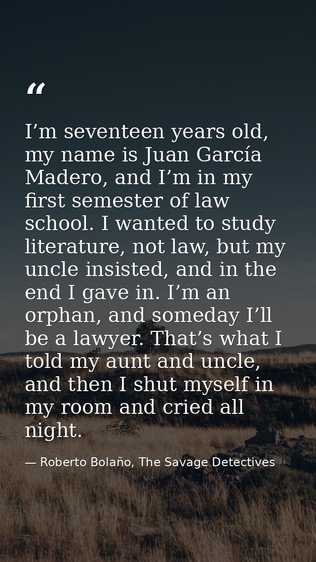 I’m seventeen years old, my name is Juan García Madero, and I’m in my first semester of law school. I wanted to study li — Roberto Bolaño, The Savage Detectives