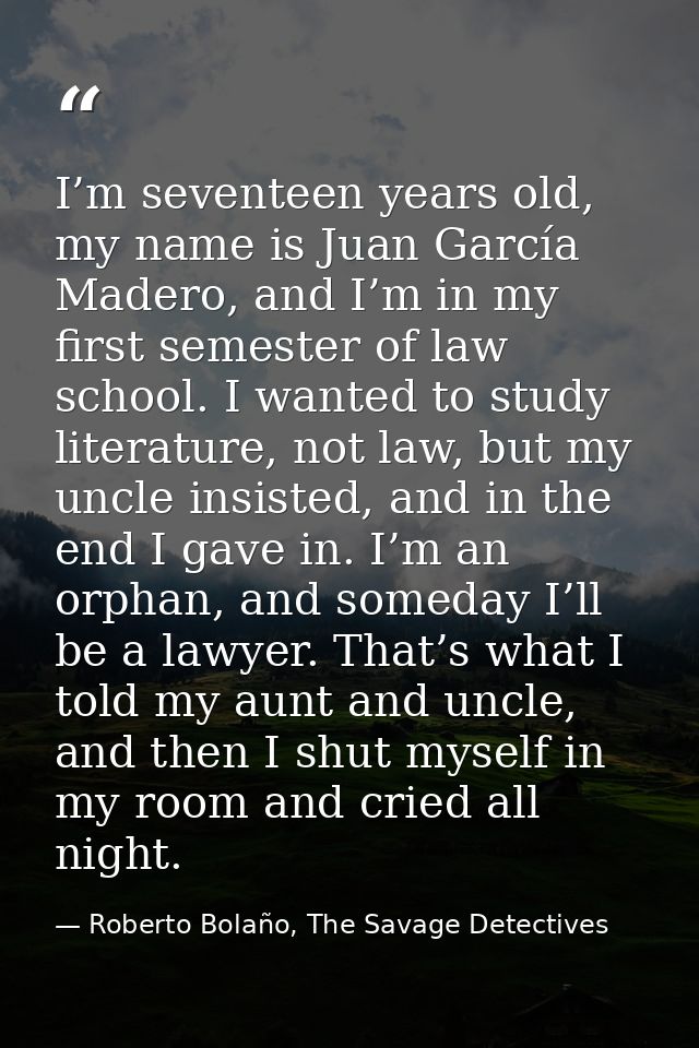 I’m seventeen years old, my name is Juan García Madero, and I’m in my first semester of law school. I wanted to study li — Roberto Bolaño, The Savage Detectives