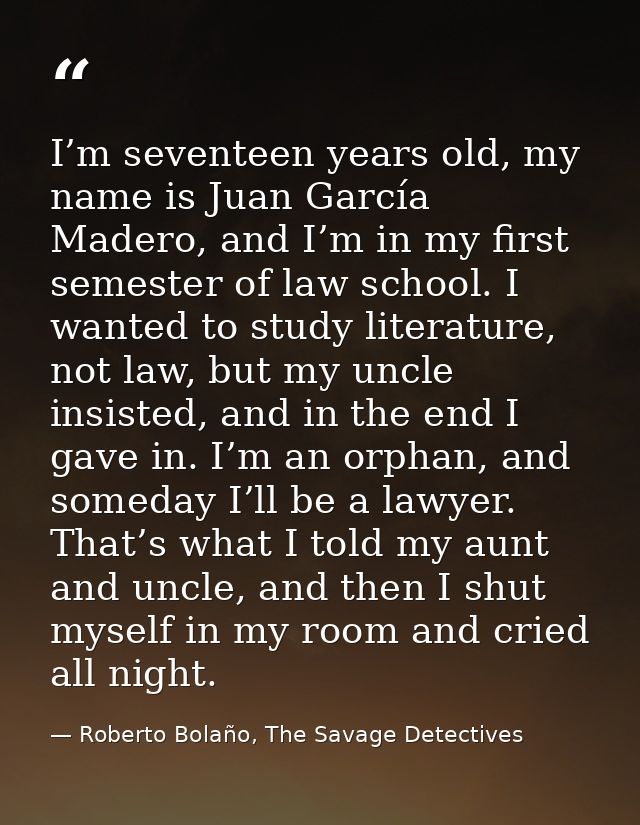 I’m seventeen years old, my name is Juan García Madero, and I’m in my first semester of law school. I wanted to study li — Roberto Bolaño, The Savage Detectives