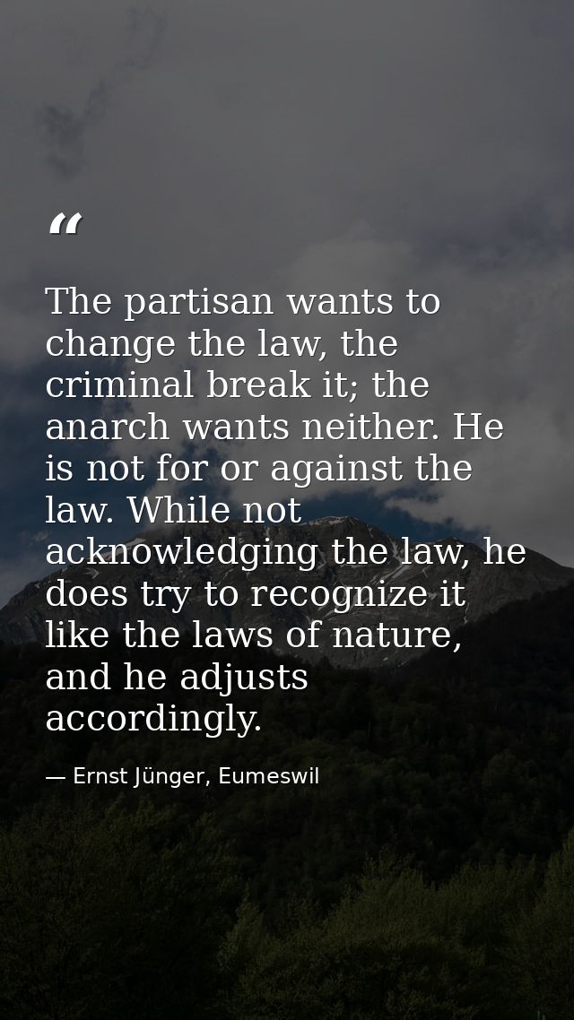The partisan wants to change the law, the criminal break it; the anarch wants neither. He is not for or against the law. — Ernst Jünger, Eumeswil