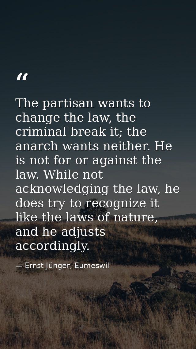 The partisan wants to change the law, the criminal break it; the anarch wants neither. He is not for or against the law. — Ernst Jünger, Eumeswil