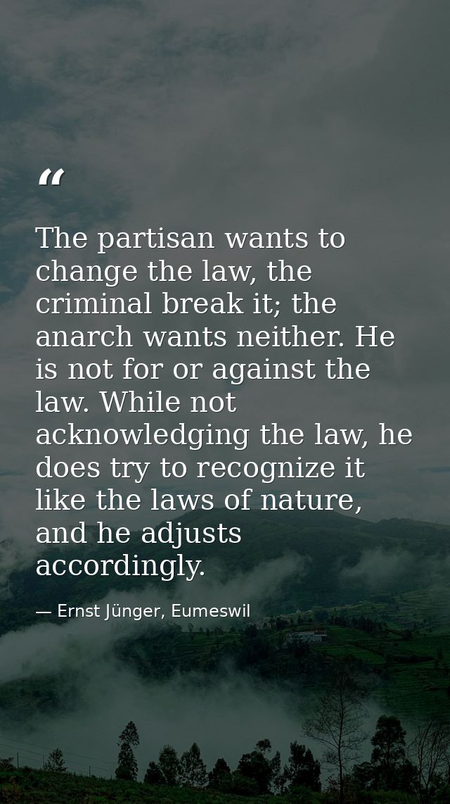 The partisan wants to change the law, the criminal break it; the anarch wants neither. He is not for or against the law. — Ernst Jünger, Eumeswil
