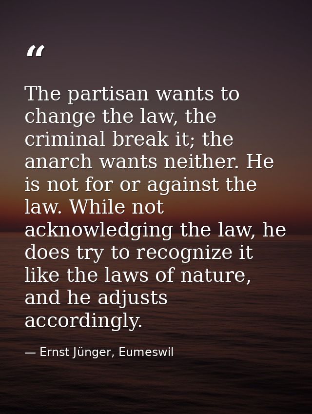 The partisan wants to change the law, the criminal break it; the anarch wants neither. He is not for or against the law. — Ernst Jünger, Eumeswil