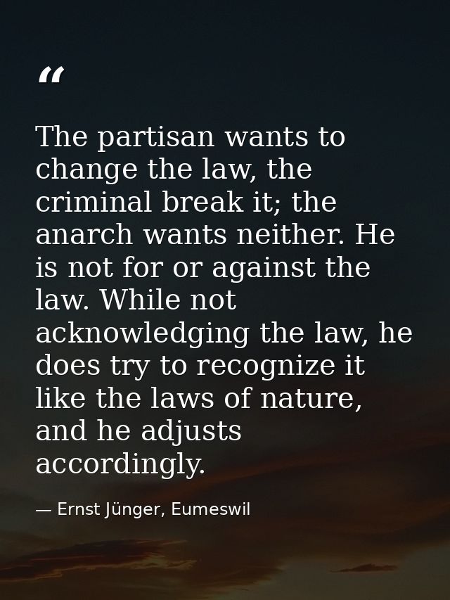 The partisan wants to change the law, the criminal break it; the anarch wants neither. He is not for or against the law. — Ernst Jünger, Eumeswil