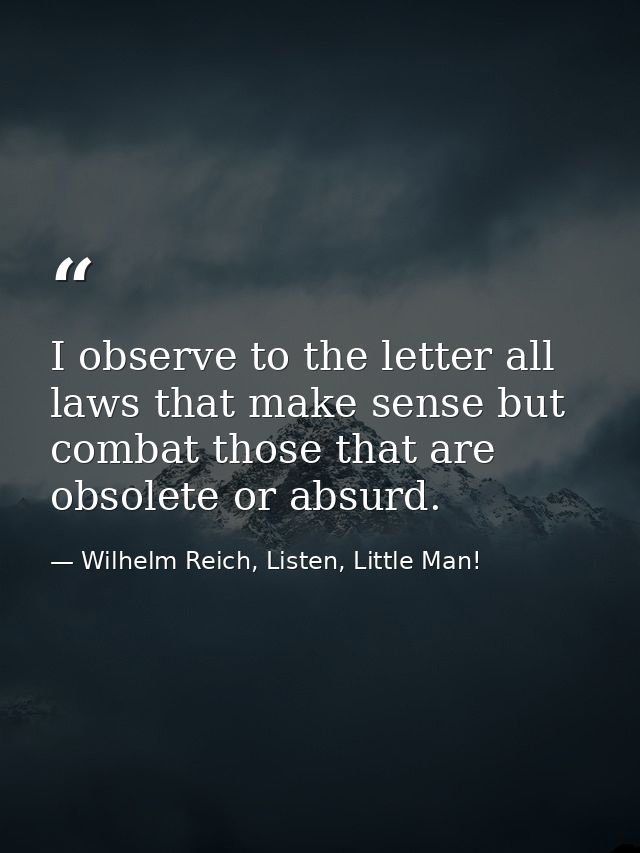 I observe to the letter all laws that make sense but combat those that are obsolete or absurd. — Wilhelm Reich, Listen, Little Man!